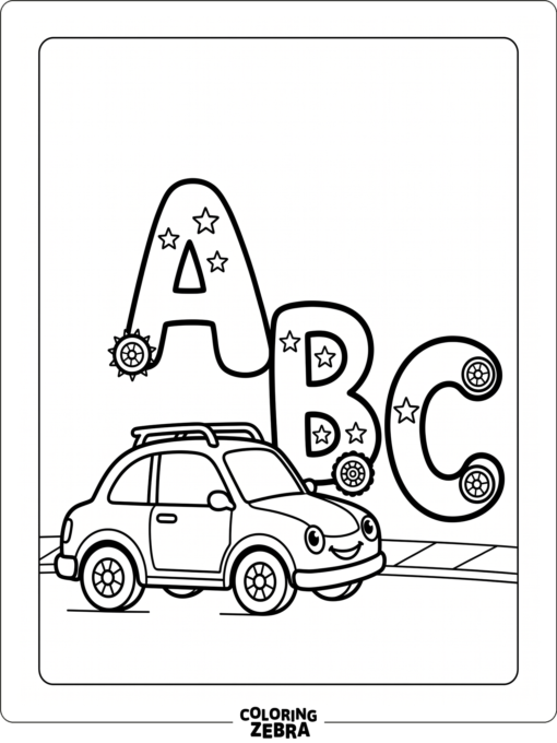 A car beside letters A B C and small stars