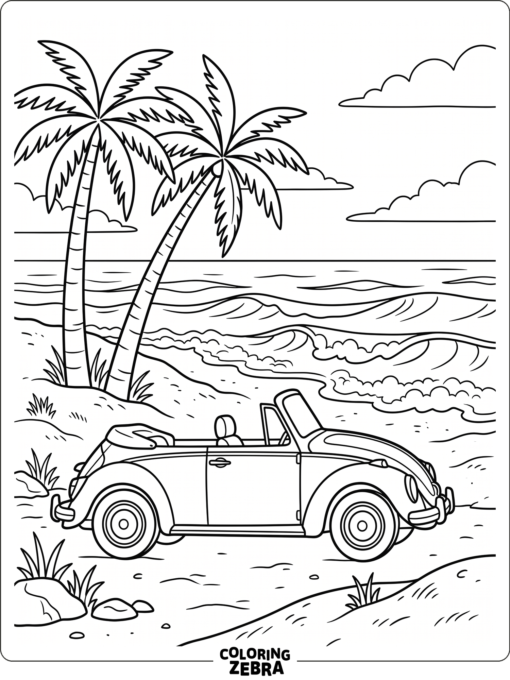 A car parked by the beach with palm trees and waves