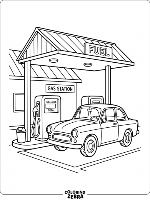 Car at a gas station with a fuel pump and canopy