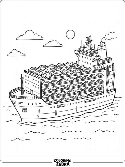 A car carrier ship carrying rows of cars