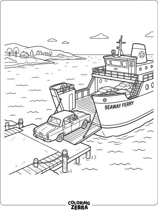 A car boarding a ferry on calm water