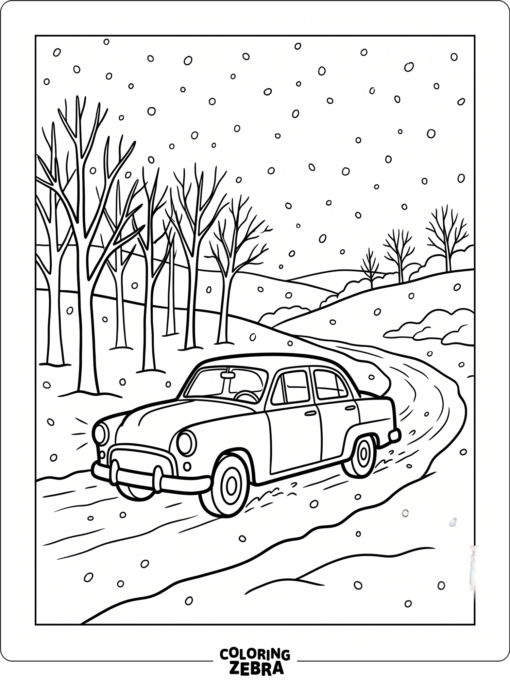 A car moving through snow with trees along the road