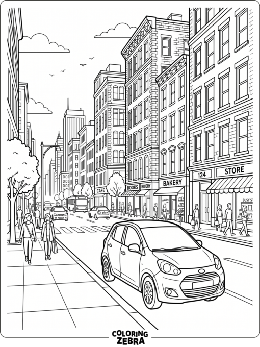A small car on a city street with buildings nearby