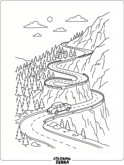 A car climbing a mountain road with trees and rocks