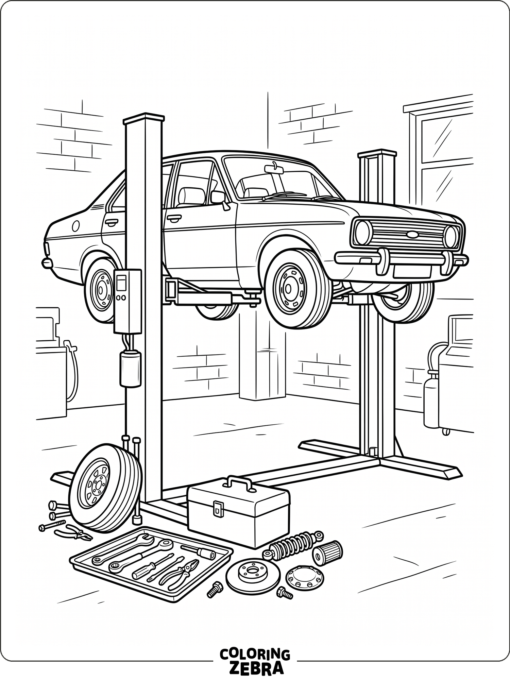 Car repair scene with a lift, wrench, and spare parts