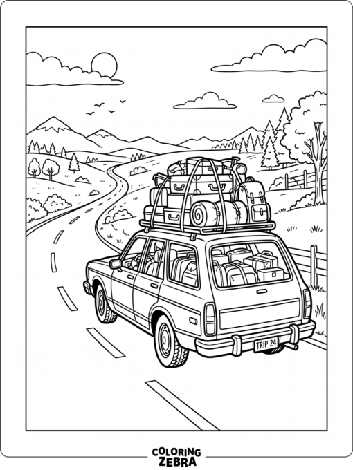 A car loaded with luggage on a road trip