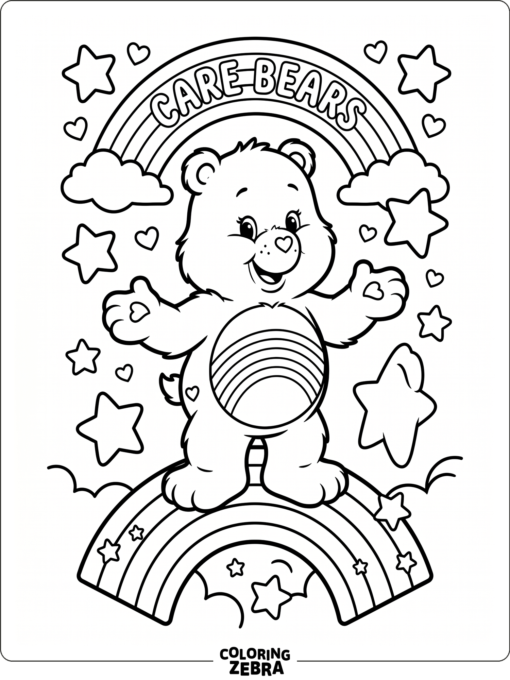 A Care Bear stands with stars and a rainbow banner
