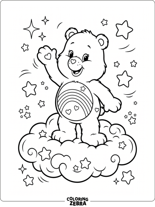 A smiling Care Bear waves from a cloud with stars