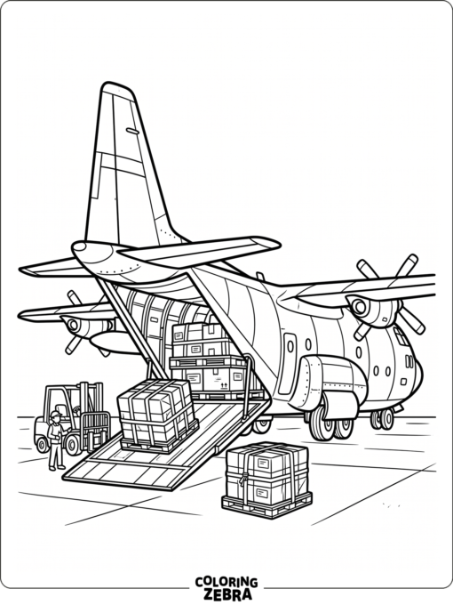 A cargo plane with pallets near the open back