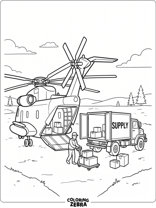 Cargo helicopter loading boxes beside a truck