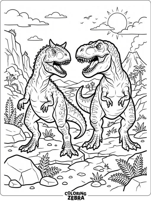 A carnotaurus faces a T rex in a dramatic dinosaur showdown