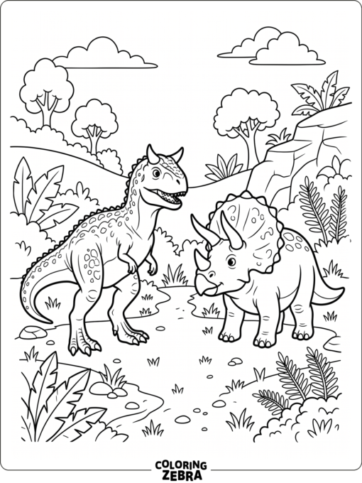 A carnotaurus and a triceratops stand across a small clearing