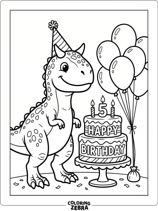 A carnotaurus beside a birthday cake and balloons