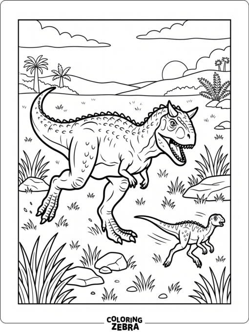 A carnotaurus chasing a smaller dinosaur across a plain