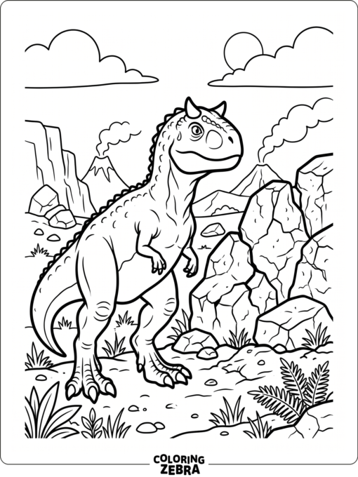 A carnotaurus stands near rocks with bold horns and open space around it