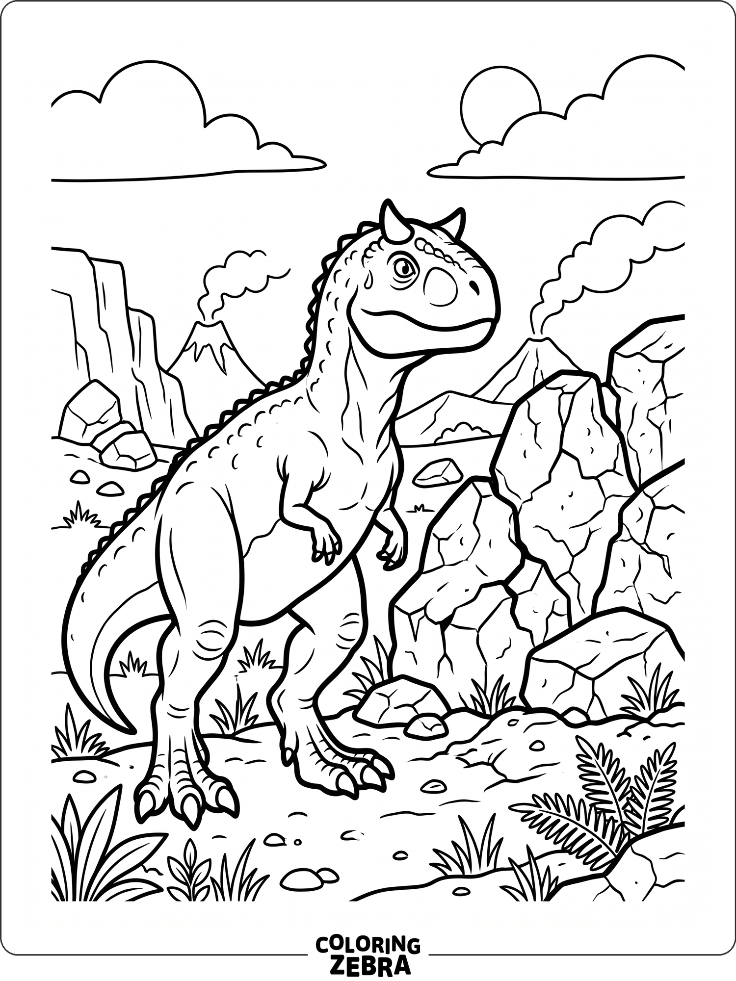 A carnotaurus stands near rocks with bold horns and open space around it