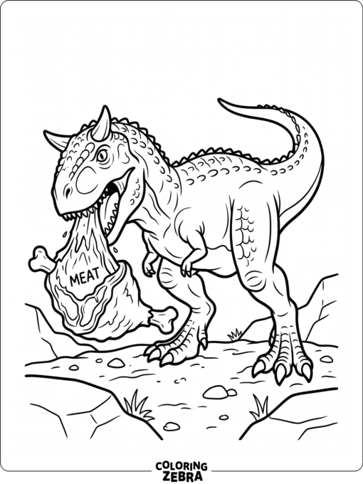 A carnotaurus eating a piece of meat on the ground