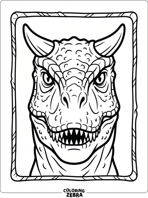 A close-up carnotaurus face with horns and sharp eyes