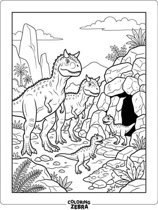 A carnotaurus family with two smaller dinosaurs near rocks