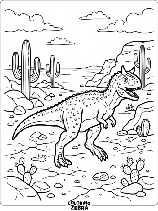 A carnotaurus walking through a dry desert with cacti