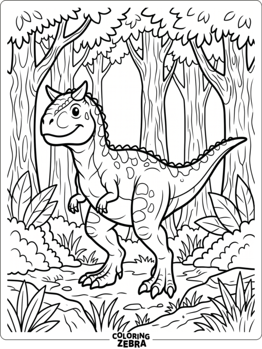 A carnotaurus stands in a forest clearing with trees and bushes