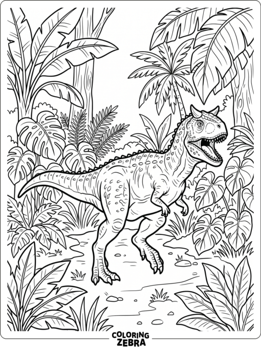 A carnotaurus walking through jungle plants with broad leaves