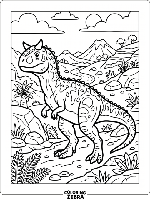 A carnotaurus in a prehistoric valley with hills and rocks