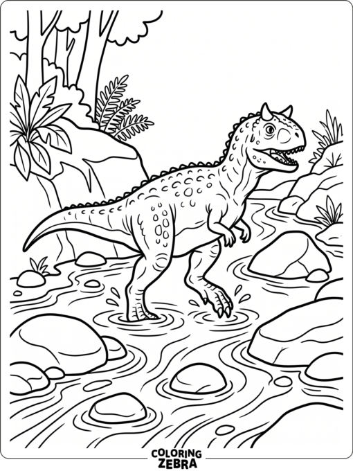 A carnotaurus wading through a river with stones and ripples