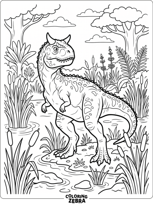 A carnotaurus stands in a swamp with reeds and muddy water
