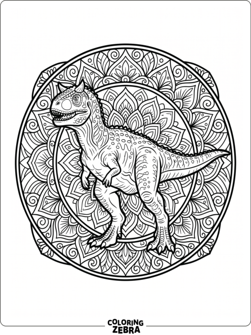 A carnotaurus surrounded by circular mandala patterns