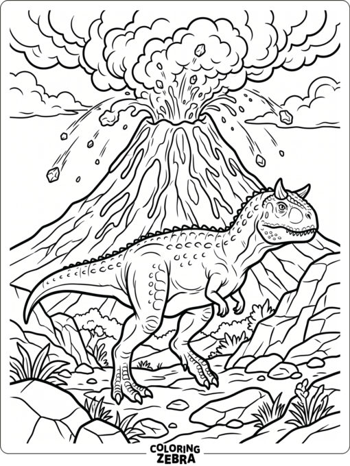 A carnotaurus stands near a volcano with smoke and lava rocks