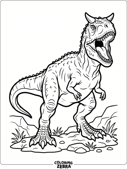 A roaring carnotaurus with mouth open and claws planted firmly