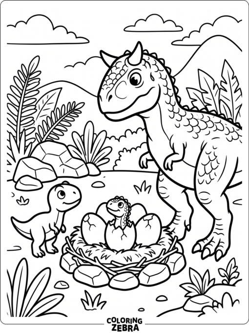 A carnotaurus watches over a baby dinosaur near a nest