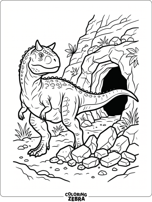 A carnotaurus stands near a cave entrance with broken stones