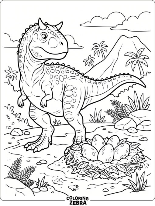 A carnotaurus stands beside a nest of eggs on sandy ground