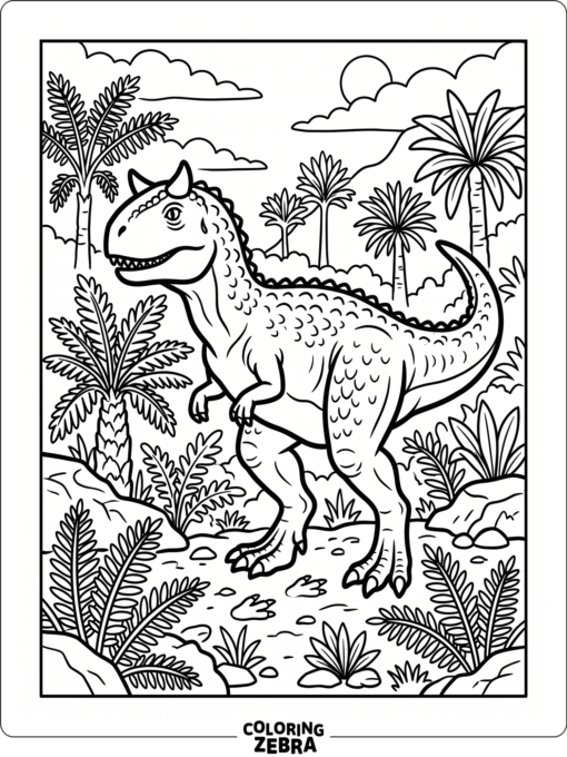 A carnotaurus stands among ferns in a prehistoric garden