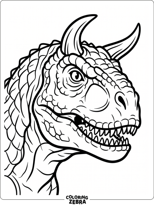 A close-up carnotaurus with curved horns and a strong face