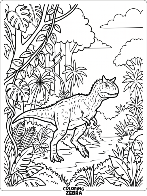 A carnotaurus walking through jungle vines and leaves