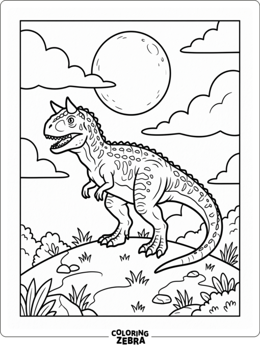 A carnotaurus stands under a full moon on a hill