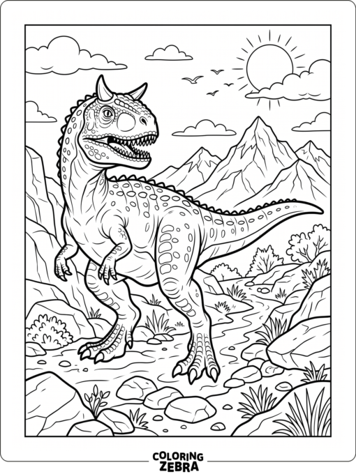 A carnotaurus stands on rocky ground with mountains behind it