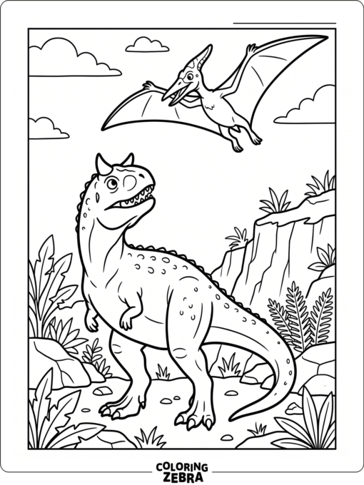 A carnotaurus looks up while a pterodactyl flies overhead