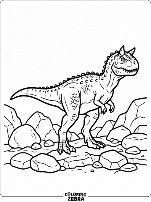 A carnotaurus stands among rocks with bold outlines and open space
