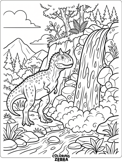 A carnotaurus stands beside a waterfall with stones below