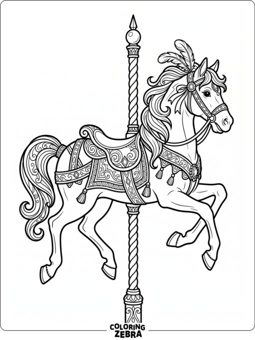 A carousel horse with a decorative saddle