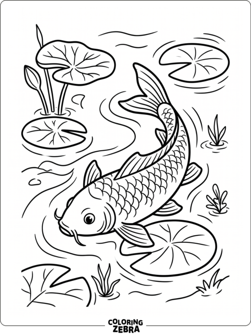 A carp fish swimming past lotus leaves