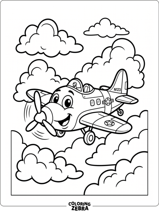 A cartoon airplane with big eyes and fluffy clouds