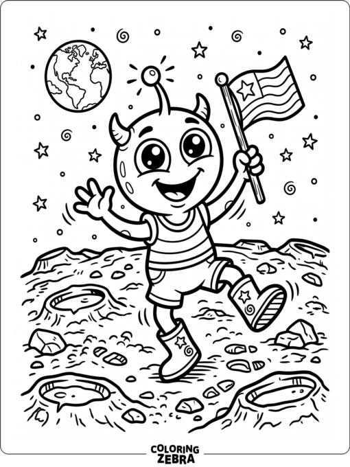 A cartoon alien dancing on a rocky moon