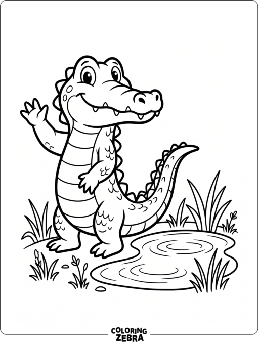 A cartoon alligator waving beside a puddle