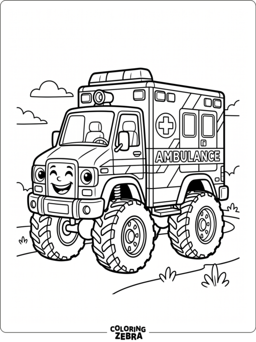 A cartoon ambulance with big wheels and a friendly face