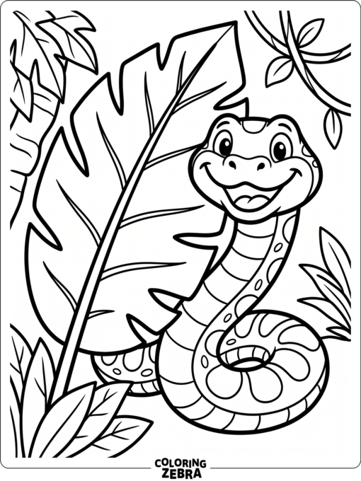A cartoon anaconda peeking from behind a leaf